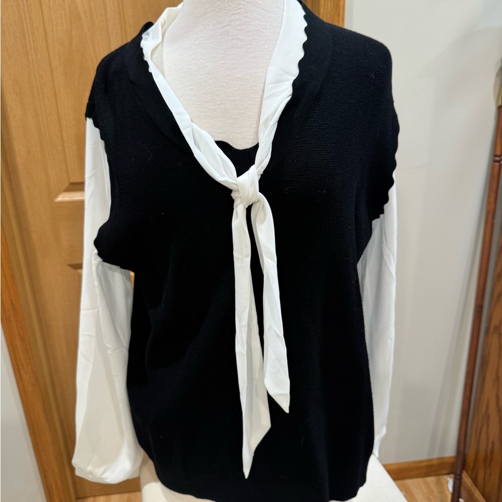Adrianna Papell Black Knit Sweater Vest with White Tie Blouse Detail